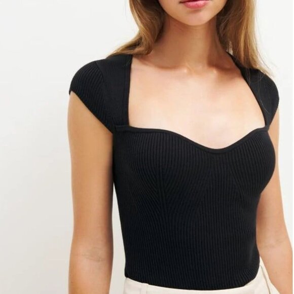 REFORMATION NADINE RIBBED KNIT FITTED SWEATER TOP SWEETHEART NECKLINE BLACK SMAL - Picture 6 of 8